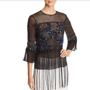 Elie Tahari Aislin Fringe Beaded Top Large